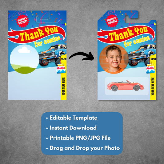 Toy Car Thank You Tag Template – Editable & Printable Party Favor